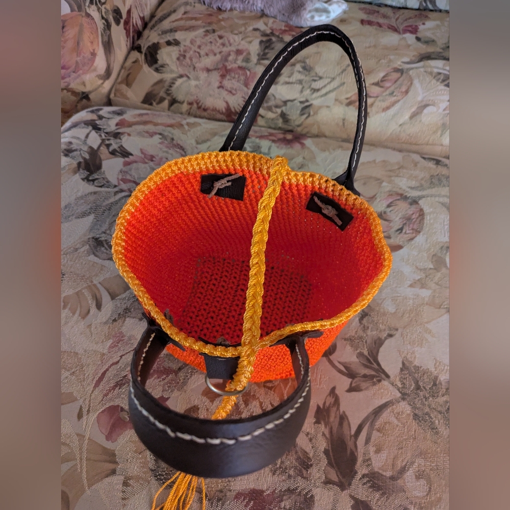 Handmade Crochet Bucket Bag Nylon Mason Line Bright Orange Brown Leather - Picture 9 of 16